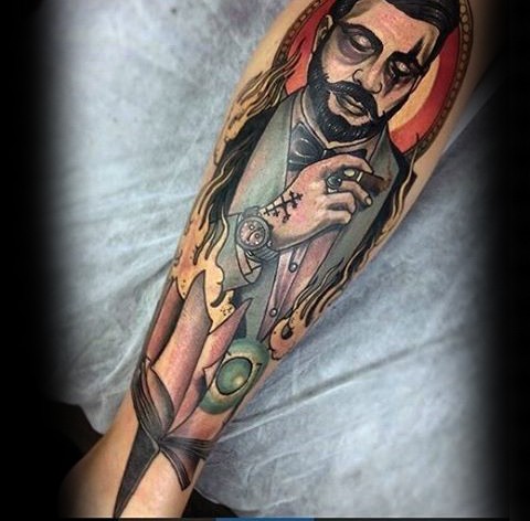 New school illustrative style colored smoking man portrait tattoo on leg