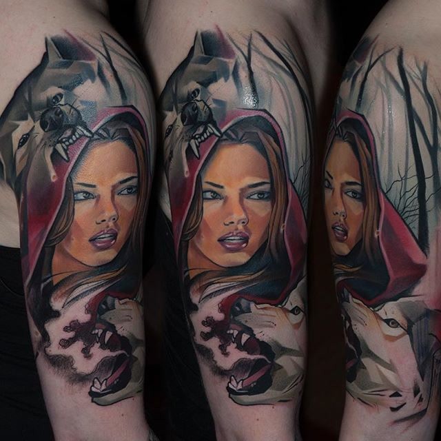 New school illustrative style shoulder tattoo of Red Riding Hood and wolves