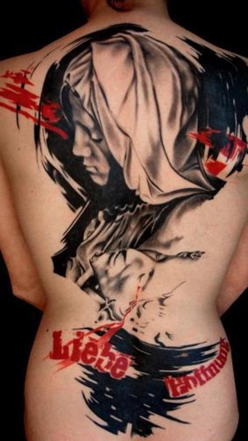 New school modern style colored whole back tattoo of saint woman with lettering