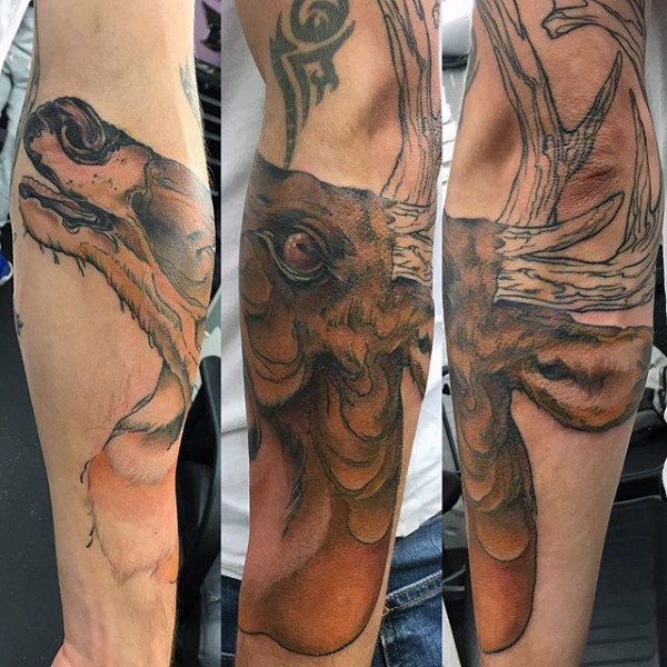 new school natural looking colored sleeve tattoo of deer with horns