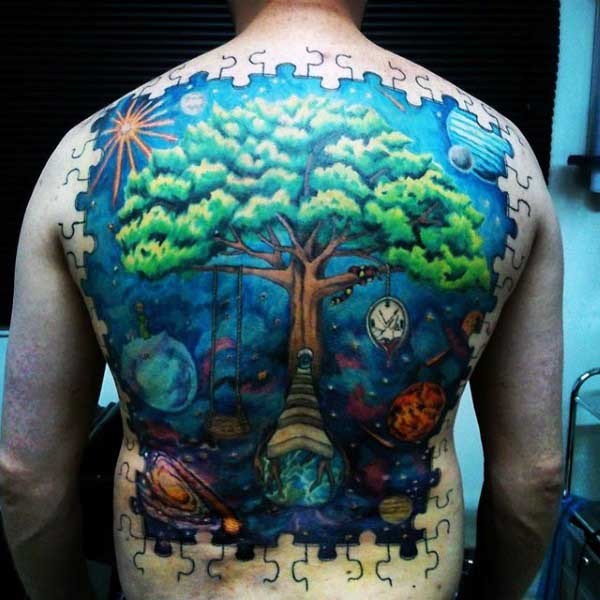 New school style amazing looking colored whole back tattoo of mystical space tree and puzzle