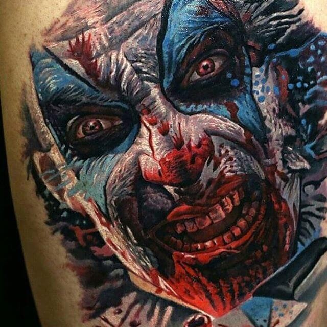 New school style awesome looking colored bloody demonic clown tattoo