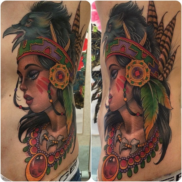 New school style beautiful looking colored Indian woman tattoo on side