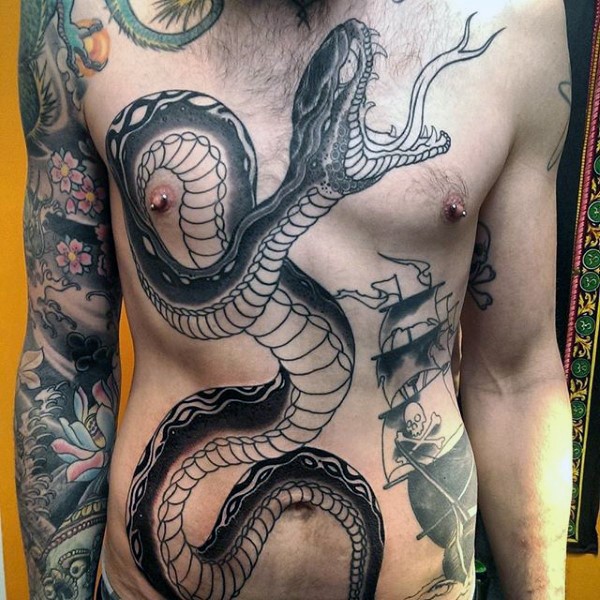 New school style black and white whole chest tattoo of big snake