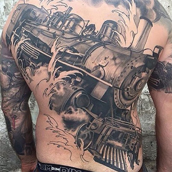 New school style black and white whole back tattoo of train with clouds of steam