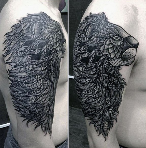 New school style black ink shoulder tattoo of lion head stylized with feather