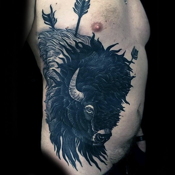 New school style black ink side tattoo of wild bison with arrows