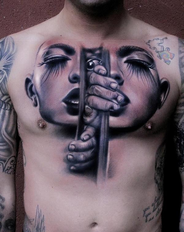 New school style chest tattoo of woman face stylized with human hands