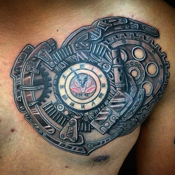New school style colored and detailed chest tattoo of mechanical clock