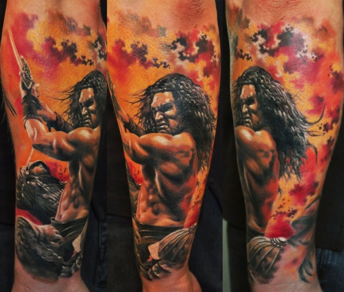 New school style colored arm tattoo of evil Tarzan