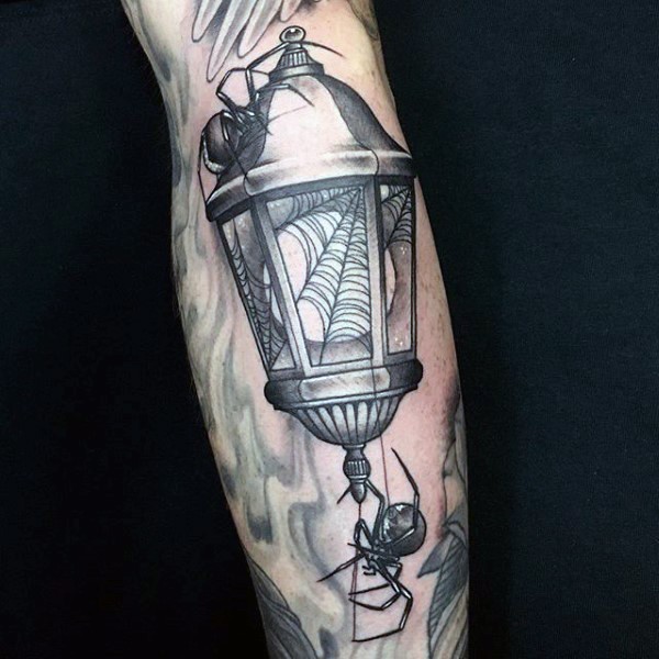 New school style colored arm tattoo of antic lighter and spiders