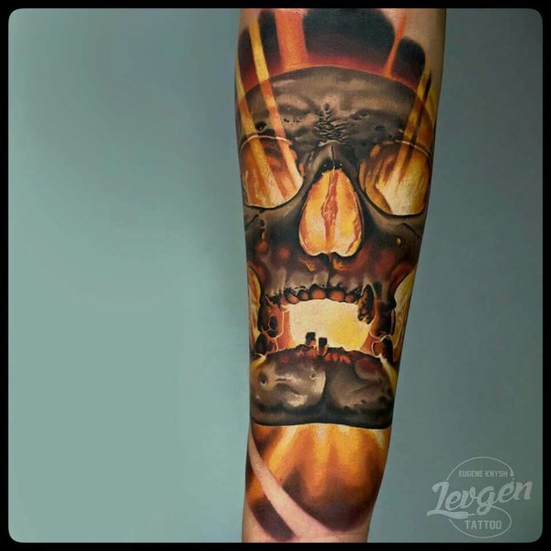 New school style colored arm tattoo of glowing skull