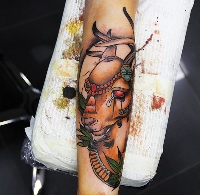New school style colored arm tattoo of deer