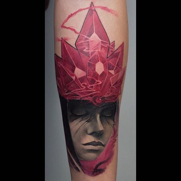 New school style colored arm tattoo of woman with crystals