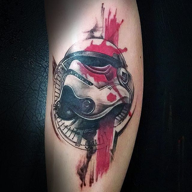 New school style colored arm tattoo of Storm trooper helmet