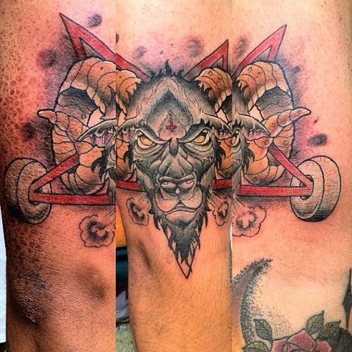 New school style colored arm tattoo of goat head with demonic star