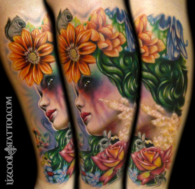 New school style colored arm tattoo of woman with flowers and little animals