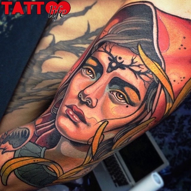 New school style colored arm tattoo of beautiful woman face