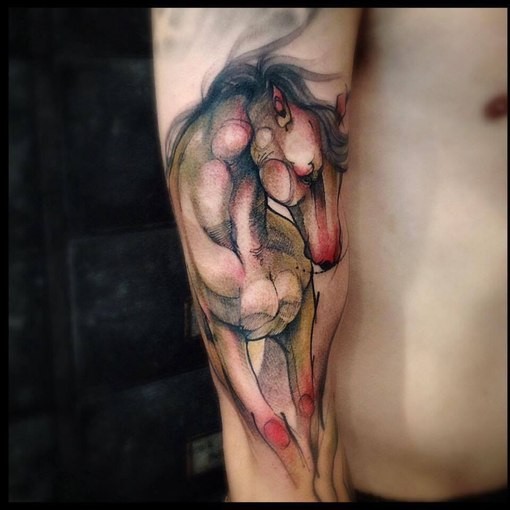 New school style colored arm tattoo of running horse