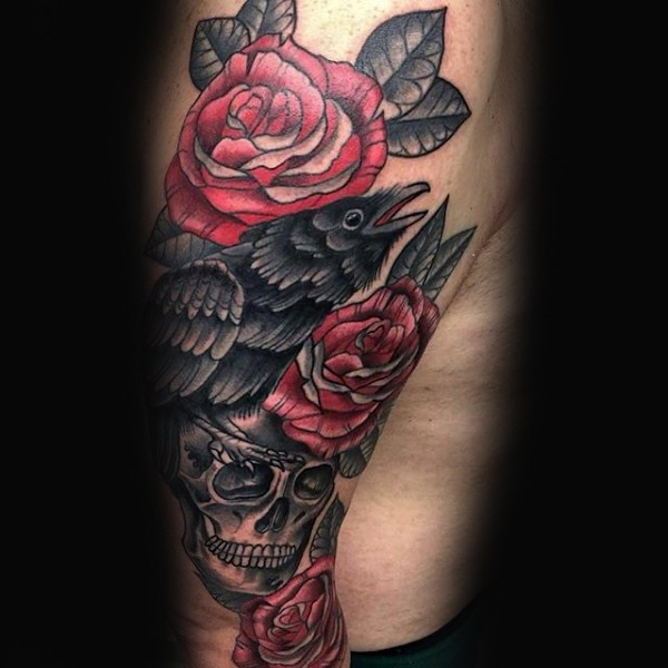 New school style colored arm tattoo of black crow with human skull and flowers