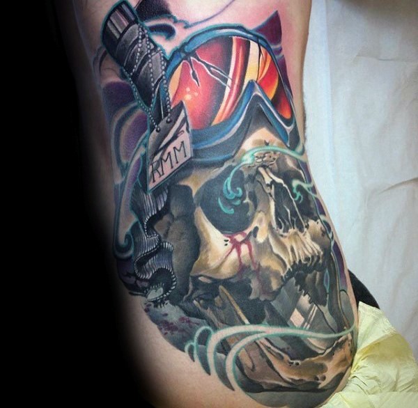 New school style colored arm tattoo of human skull with knife and mask