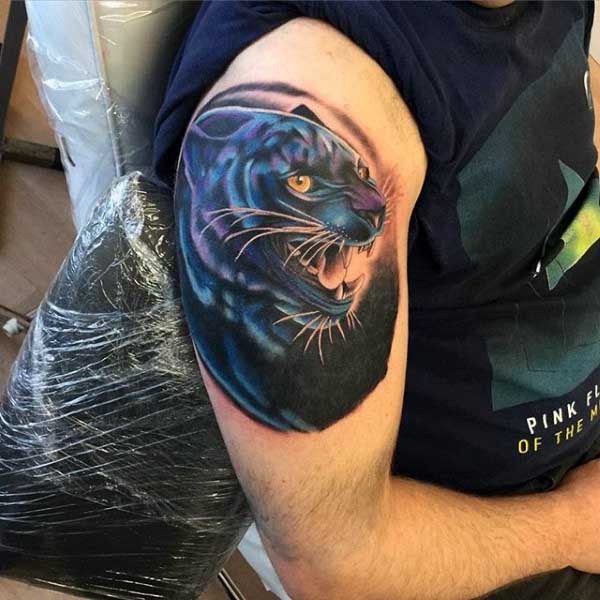 New school style colored arm tattoo of black panther