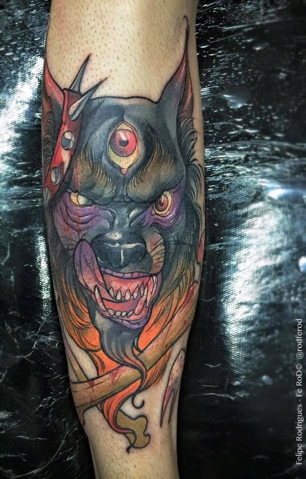 New school style colored arm tattoo of demonic dog and bones