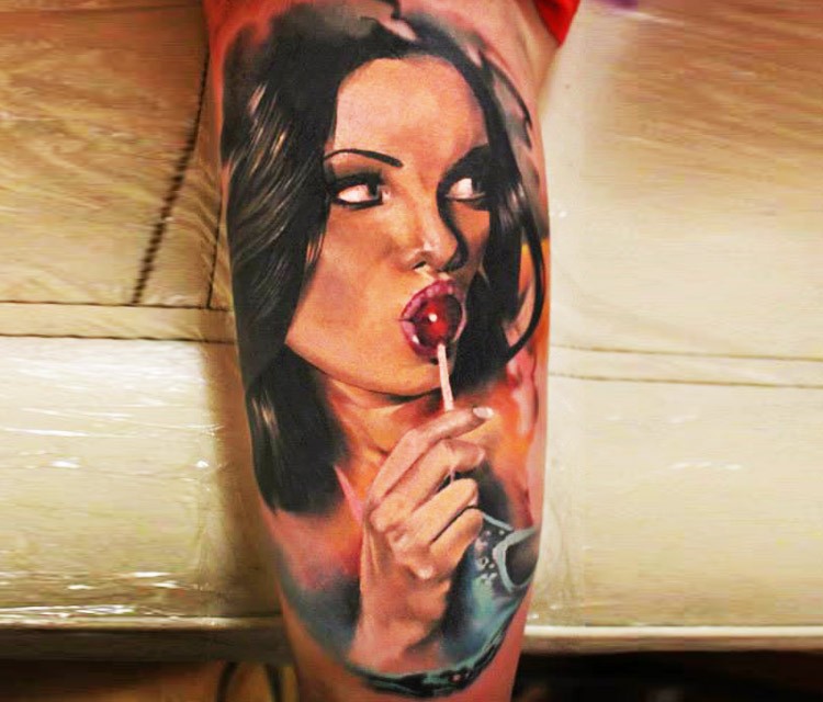 New school style colored arm tattoo of woman with lollypop