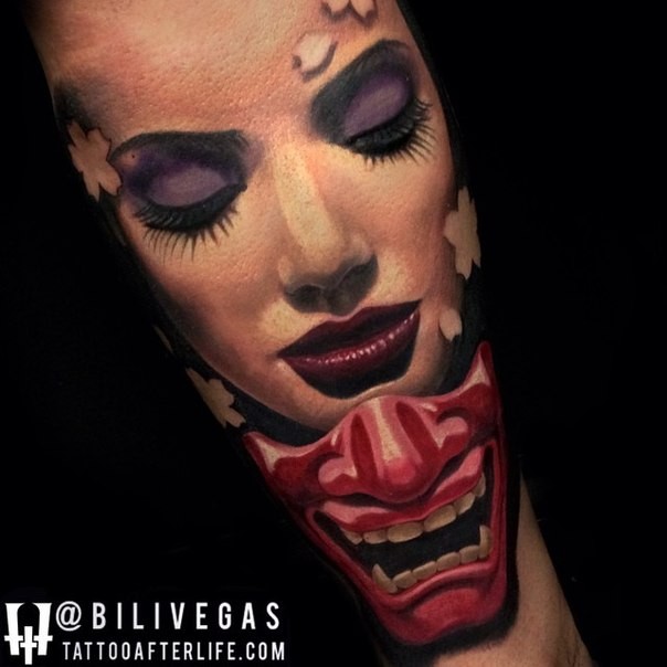 New school style colored arm tattoo of sweet woman with samurai mask