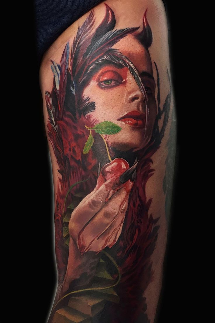 New school style colored arm tattoo of natural woman with cherry