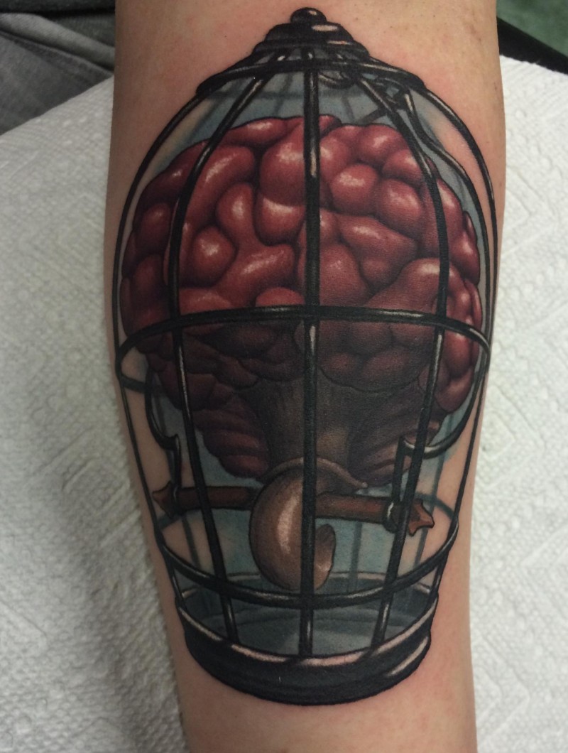 New school style colored arm tattoo of human brains in cage