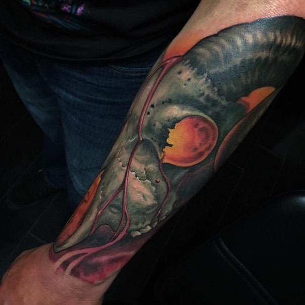 New school style colored arm tattoo of goat skull with blood