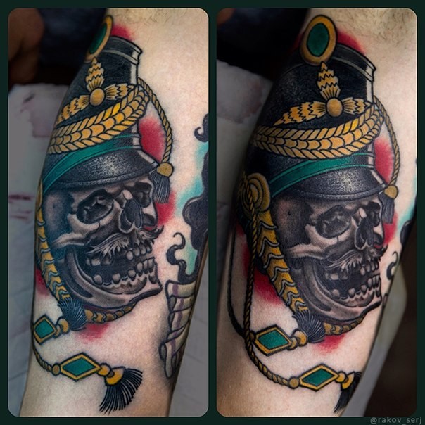 New school style colored arm tattoo of soldiers skull with helmet