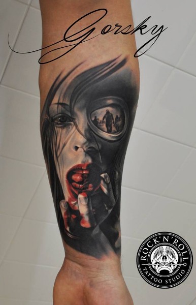 New school style colored arm tattoo of creepy woman with gas mask