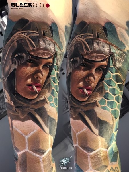 New school style colored arm tattoo of smoking woman with glasses