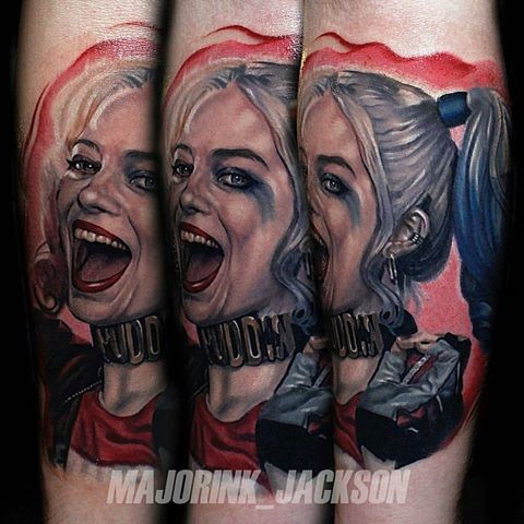 New school style colored arm tattoo of crazy woman from movie