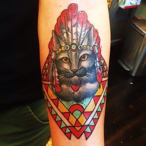 New school style colored arm tattoo of Indian style cat