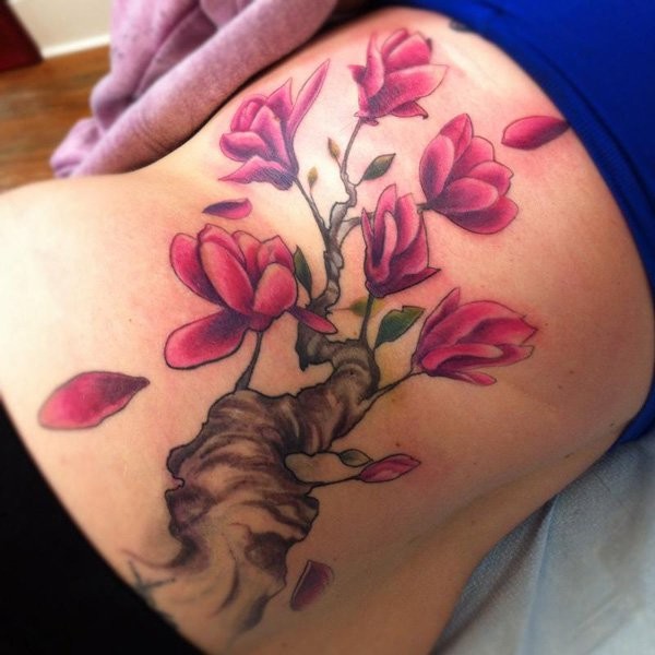 New school style colored back tattoo of blooming tree branch