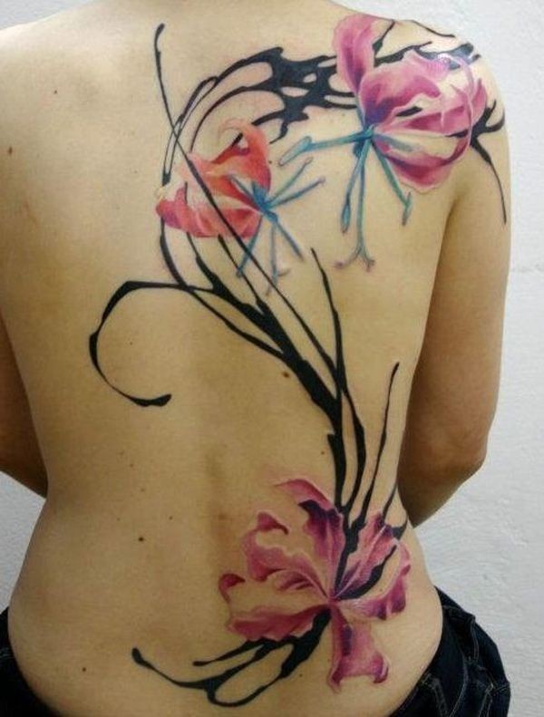 New school style colored back tattoo of cool flowers