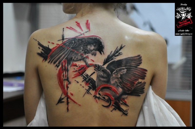 New school style colored back tattoo of fighting birds