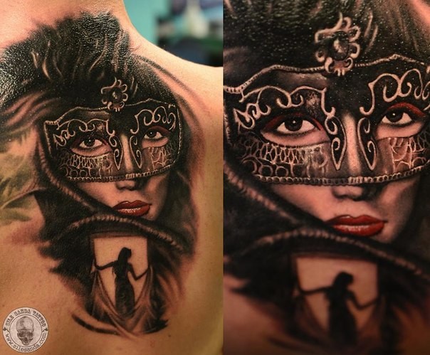 New school style colored back tattoo of woman with mask