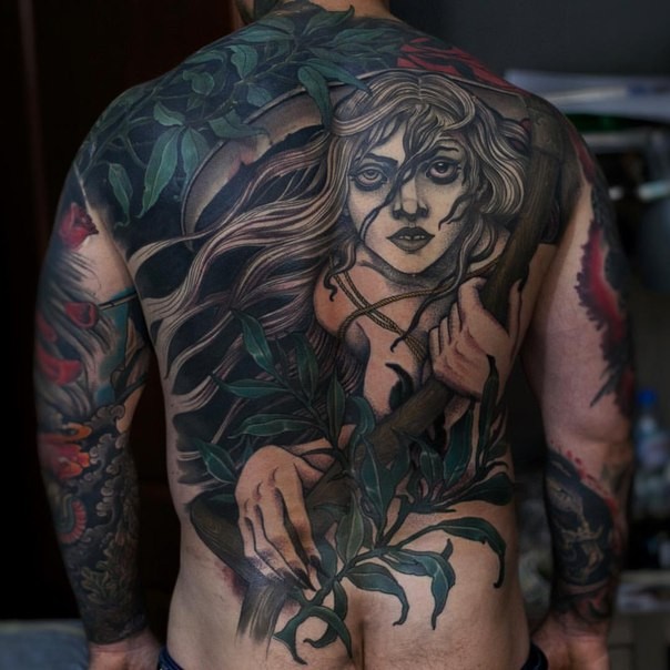 New school style colored back tattoo of woman flowers