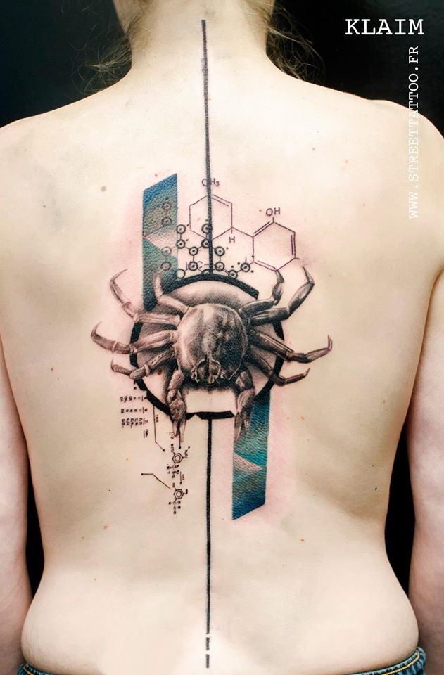 New school style colored back tattoo of big crab with chemistry symbols