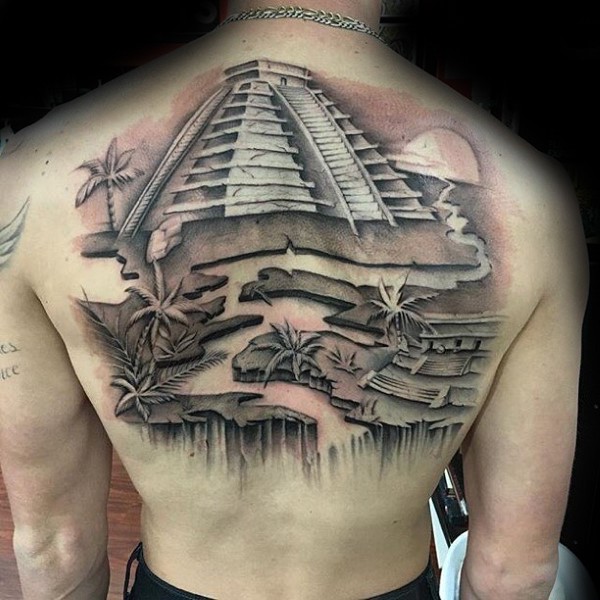 New school style colored back tattoo of large Mayan pyramid with river and palm trees