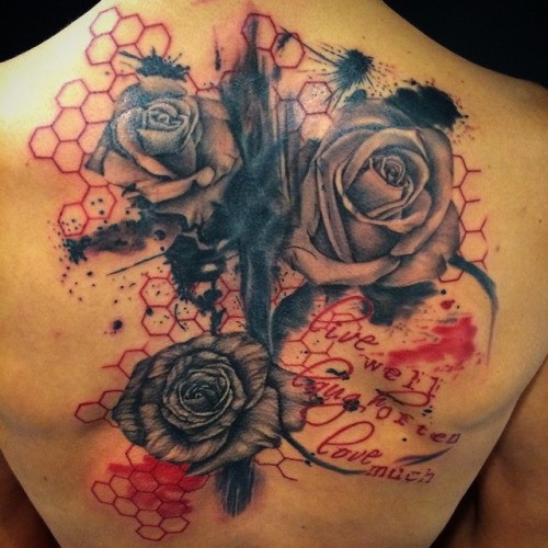 New school style colored back tattoo of roses with lettering