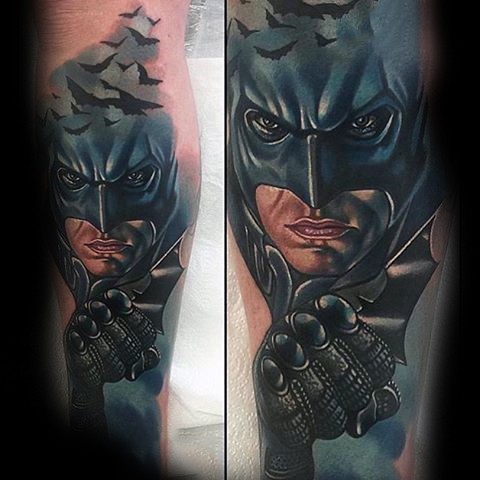New school style colored Batman with bats tattoo