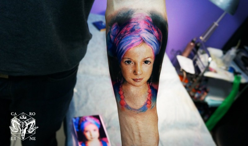 New school style colored beautiful little girl tattoo on forearm