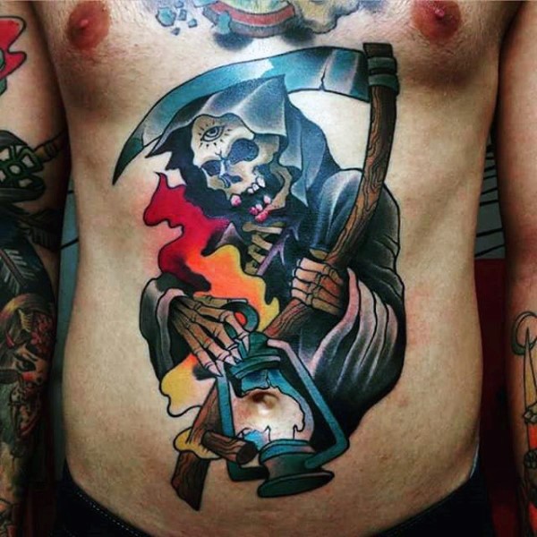 New school style colored belly tattoo of Death skeleton and gas lamp