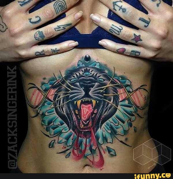 New school style colored belly tattoo of black panther with DNA symbol