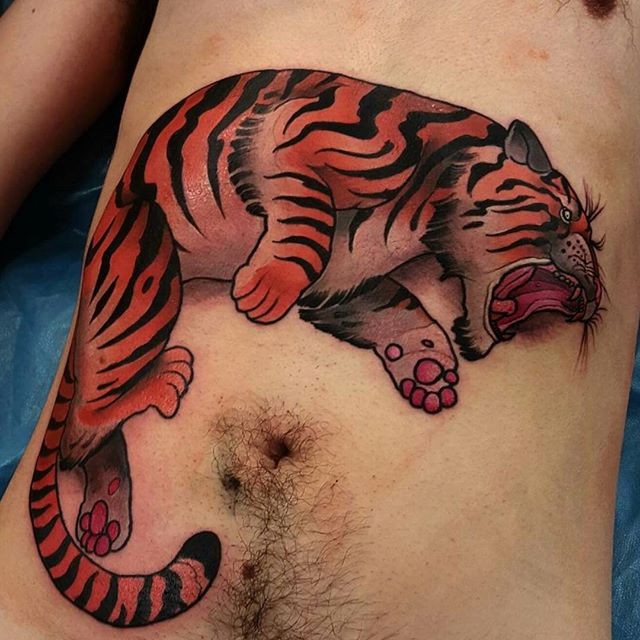 New school style colored belly tattoo of big evil tiger